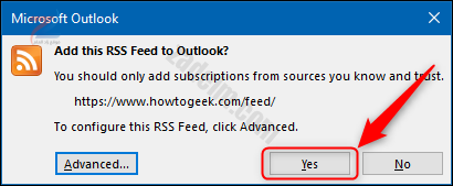 الزر "نعم" في نافذة تأكيد RSS.