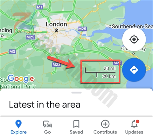 مثال على شريط مقياس خرائط Google في تطبيق خرائط Google على نظام التشغيل Android ، ويظهر الكيلومترات والأميال.