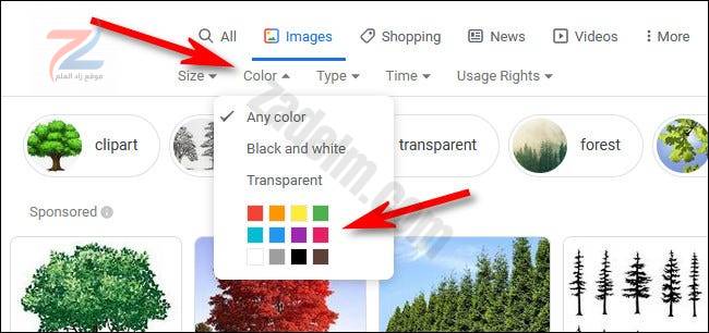 في بحث الصور من Google ، انقر على قائمة "اللون" ، ثم حدد لونًا.