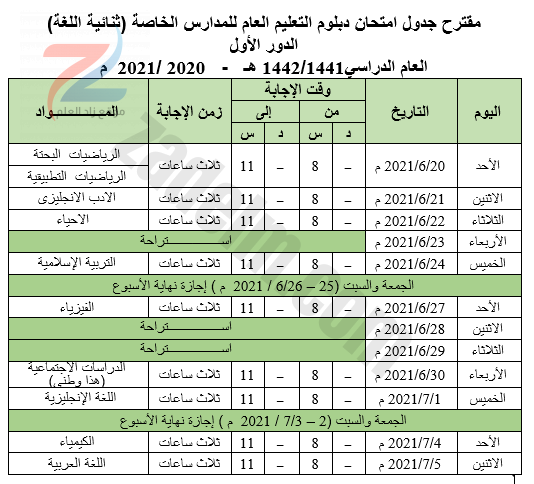 جدول امتحانات دبلوم التعليم العام للمدارس الخاصة (ثنائية اللغة)