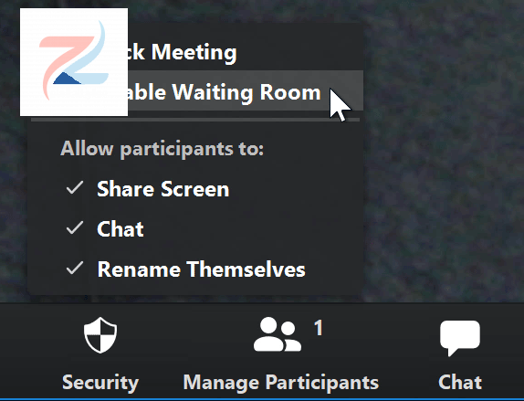 لقطة شاشة لمؤشر الماوس يحوم فوق خيار Enable Waiting Room في تطبيق Zoom.