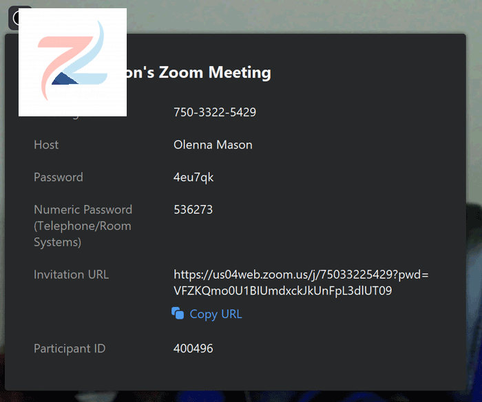 لقطة شاشة لمربع معلومات الاجتماع في تطبيق Zoom.