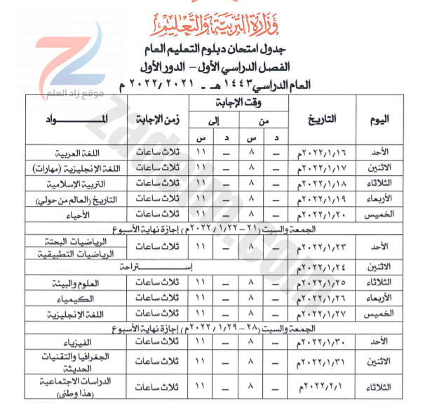 جدول امتحان الثانوية العامة الفصل الاول 2021-2022 سلطنة عمان