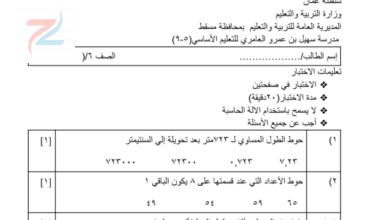 الاختبار القصير الثاني لمادة الرياضيات للصف السادس الفصل الدراسي الاول مسقط