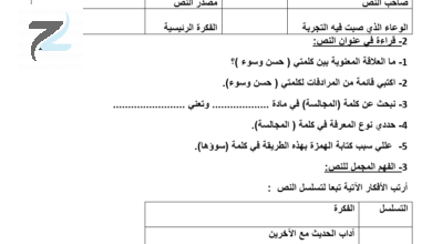 انشطة ورؤية تأملية لنص حسن المجالسة لمادة اللغة العربية للصف التاسع