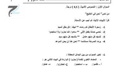 اختبار قصير ثاني لمادة اللغة العربية للصف السابع الفصل الدراسي الثاني ملف وورد
