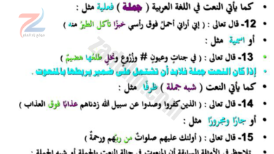 امثلة للنعت لمادة اللغة العربية للصف العاشر الفصل الدراسي الثاني لمنهج سلطنة عمان