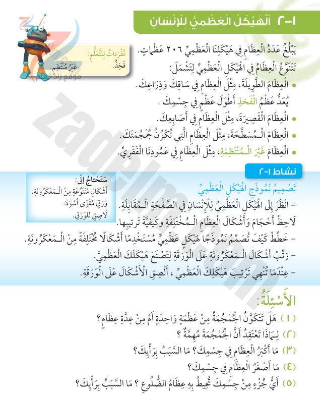 اجابات درس الهيكل العظمي للانسان 1 2 لمادة العلوم للصف الرابع الفصل