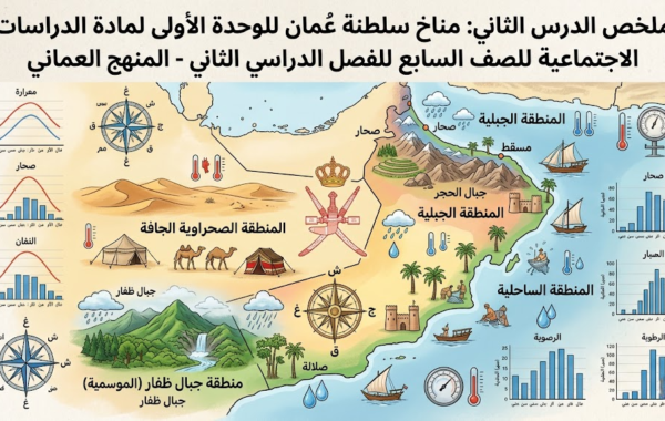 ملخص الدرس الثاني: مناخ سلطنة عُمان الوحدة الاولى لمادة الدراسات الاجتماعية للصف السابع الفصل الدراسي الثاني المنهج العماني