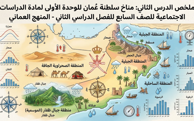 ملخص الدرس الثاني: مناخ سلطنة عُمان الوحدة الاولى لمادة الدراسات الاجتماعية للصف السابع الفصل الدراسي الثاني المنهج العماني
