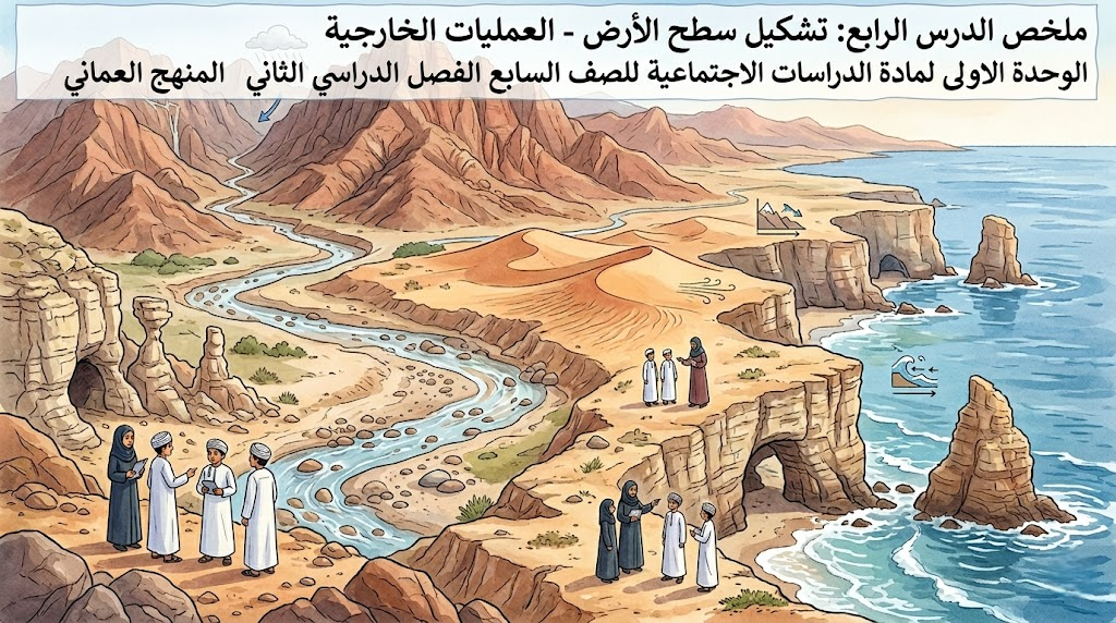 ملخص الدرس الرابع: تشكيل سطح الأرض – العمليات الخارجية الوحدة الاولى لمادة الدراسات الاجتماعية للصف السابع الفصل الدراسي الثاني المنهج العماني