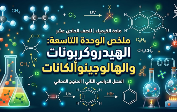 ملخص الوحدة التاسعة: الهيدروكربونات والهالوجينوألكانات لمادة الكيمياء للصف الحادي عشر الفصل الدراسي الثاني المنهج العماني