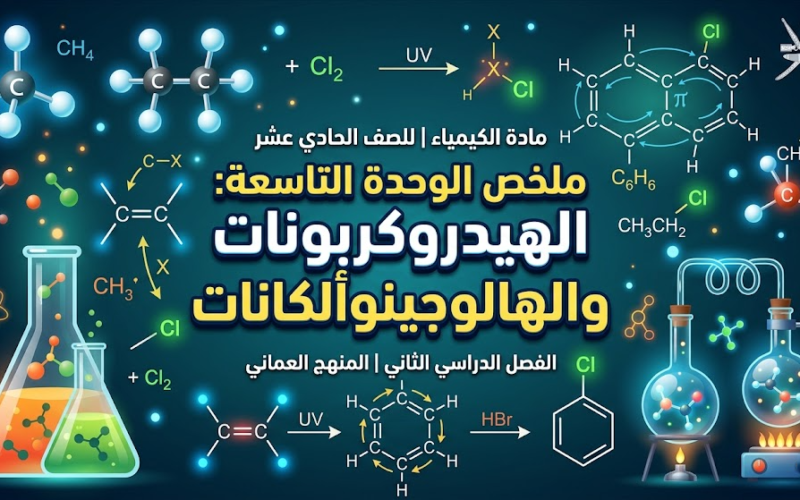 ملخص الوحدة التاسعة: الهيدروكربونات والهالوجينوألكانات لمادة الكيمياء للصف الحادي عشر الفصل الدراسي الثاني المنهج العماني