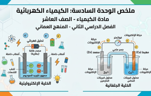 ملخص الوحدة السادسة: الكيمياء الكهربائية لمادة الكيمياء للصف العاشر الفصل الدراسي الثاني المنهج العماني