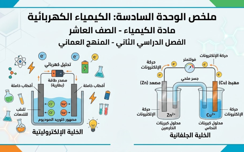 ملخص الوحدة السادسة: الكيمياء الكهربائية لمادة الكيمياء للصف العاشر الفصل الدراسي الثاني المنهج العماني