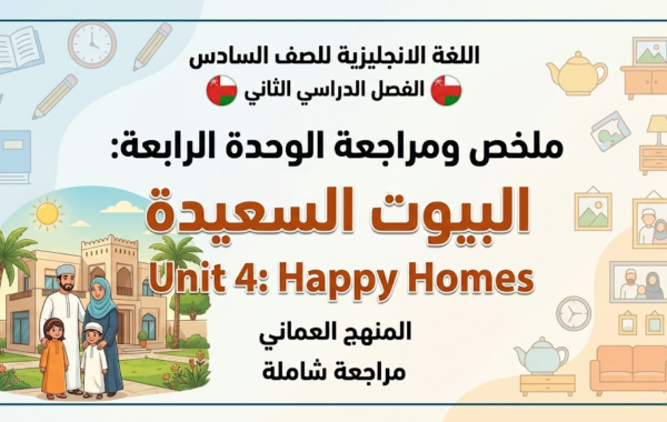 ملخص ومراجعة الوحدة الرابعة: البيوت السعيدة Unit 4: Happy Homes لمادة اللغة الانجليزية للصف السادس الفصل الدراسي الثاني المنهج العماني