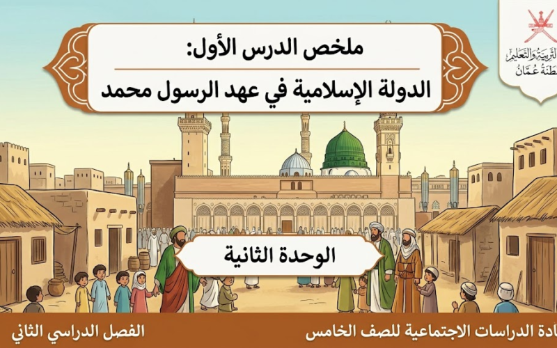 ملخص الدرس الأول: الدولة الإسلامية في عهد الرسول محمد الوحدة الثانية لمادة الدراسات الاجتماعية للصف الخامس الفصل الدراسي الثاني المنهج العماني