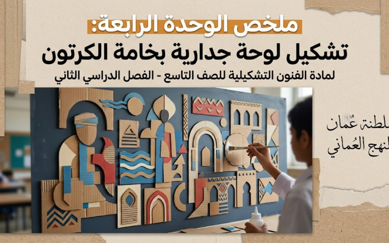 ملخص الوحدة الرابعة: تشكيل لوحة جدارية بخامة الكرتون لمادة الفنون التشكيلية للصف التاسع الفصل الدراسي الثاني المنهج العماني