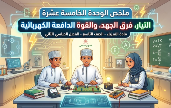ملخص الوحدة الخامسة عشرة: التيار وفرق الجهد والقوة الدافعة الكهربائية لمادة الفيزياء للصف التاسع الفصل الدراسي الثاني المنهج العماني