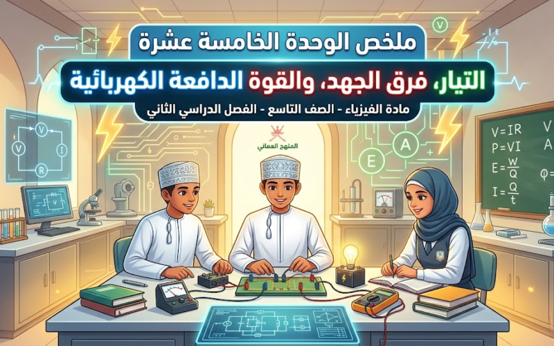 ملخص الوحدة الخامسة عشرة: التيار وفرق الجهد والقوة الدافعة الكهربائية لمادة الفيزياء للصف التاسع الفصل الدراسي الثاني المنهج العماني