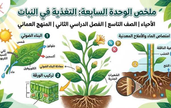 ملخص الوحدة السابعة: التغذية في النبات لمادة الاحياء للصف التاسع الفصل الدراسي الثاني المنهج العماني