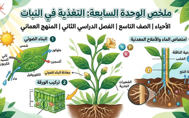 ملخص الوحدة السابعة: التغذية في النبات لمادة الاحياء للصف التاسع الفصل الدراسي الثاني المنهج العماني