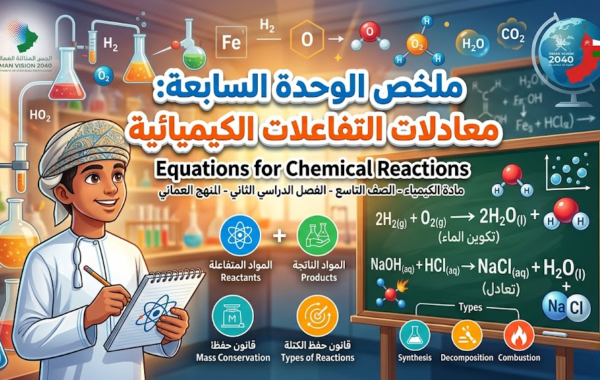 ملخص الوحدة السابعة: معادلات التفاعلات الكيميائية – Equations for Chemical Reactions لمادة الكيمياء للصف التاسع الفصل الدراسي الثاني المنهج العماني