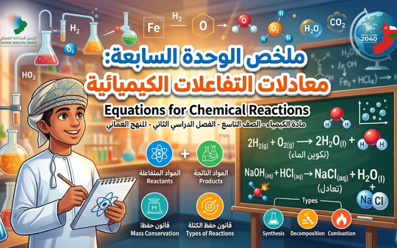 ملخص الوحدة السابعة: معادلات التفاعلات الكيميائية - Equations for Chemical Reactions لمادة الكيمياء للصف التاسع الفصل الدراسي الثاني المنهج العماني