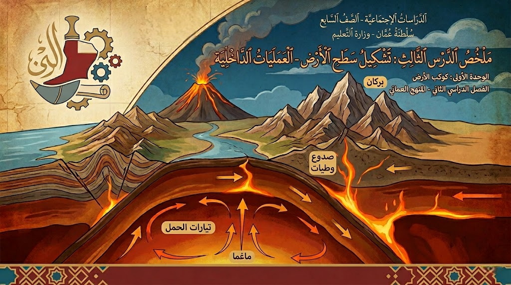 ملخص الدرس الثالث: تشكيل سطح الأرض – العمليات الداخلية الوحدة الاولى لمادة الدراسات الاجتماعية للصف السابع الفصل الدراسي الثاني المنهج العماني
