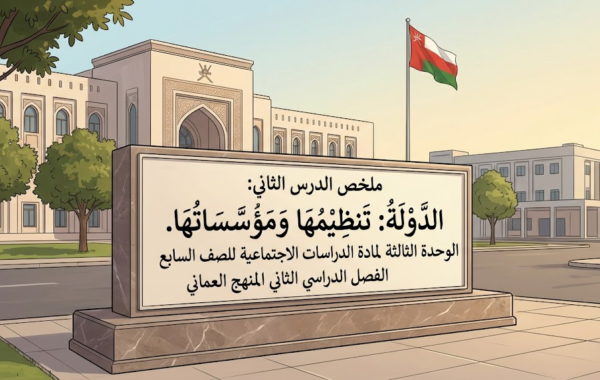 ملخص الدرس الثاني: الدَّولةُ: تنظيمُها ومؤسَّساتُها الوحدة الثالثة لمادة الدراسات الاجتماعية للصف السابع الفصل الدراسي الثاني المنهج العماني