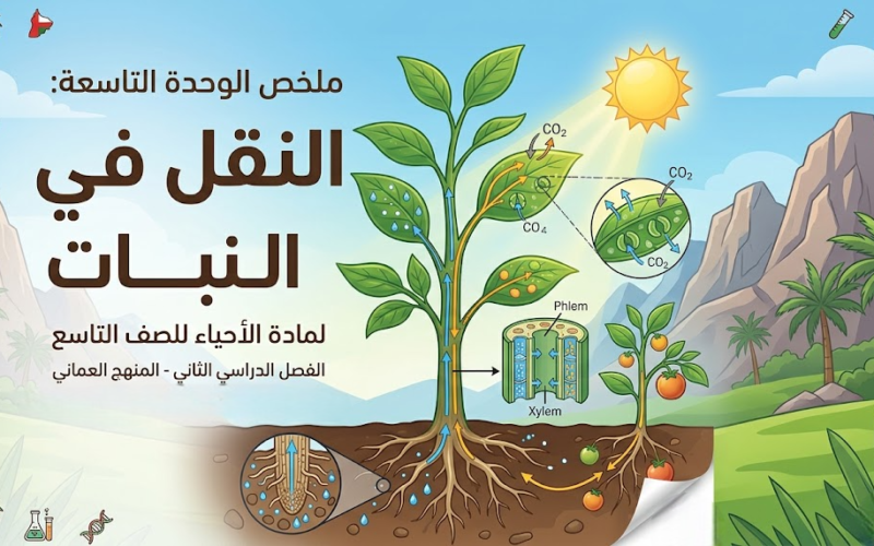 ملخص الوحدة التاسعة: النقل في النبات لمادة الاحياء للصف التاسع الفصل الدراسي الثاني المنهج العماني