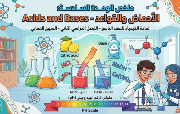 ملخص الوحدة السادسة: الأحماض والقواعد – Acids and Bases لمادة الكيمياء للصف التاسع الفصل الدراسي الثاني المنهج العماني
