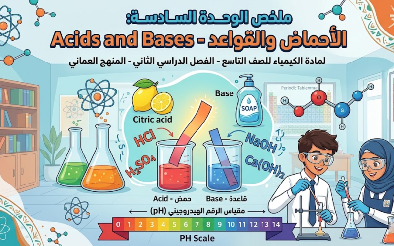 ملخص الوحدة السادسة: الأحماض والقواعد - Acids and Bases لمادة الكيمياء للصف التاسع الفصل الدراسي الثاني المنهج العماني