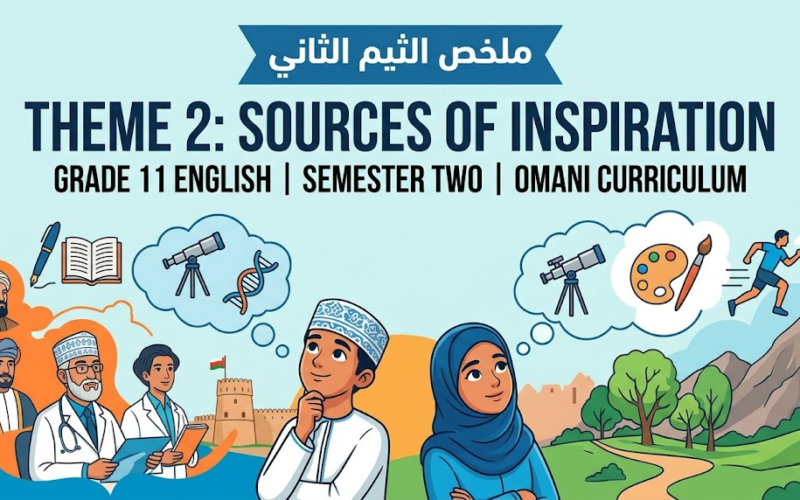 ملخص الثيم الثاني مصادر الإلهام Theme 2: Sources of Inspiration لمادة اللغة الانجليزية للصف الحادي عشر الفصل الدراسي الثاني المنهج العماني