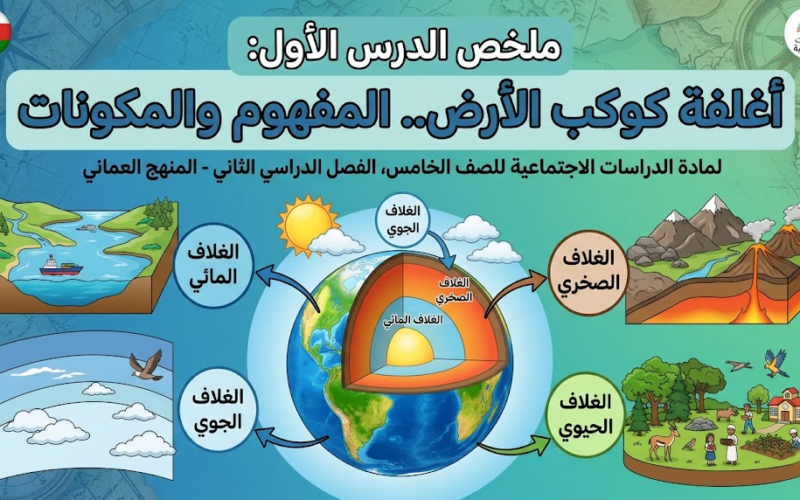 ملخص الدرس الأول: أغلفة كوكب الأرض.. المفهوم والمكونات لمادة الدراسات الاجتماعية للصف الخامس الفصل الدراسي الثاني المنهج العماني