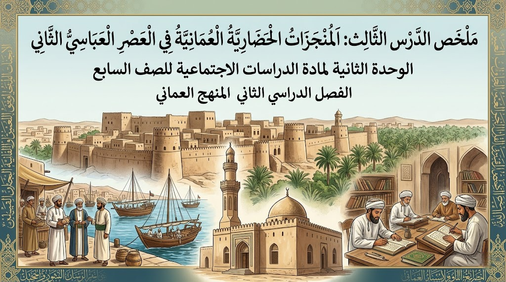 ملخص الدرس الثالث: المُنجَزاتُ الحَضارِيَّةُ العُمانِيَّةُ في العصر العباسي الثاني الوحدة الثانية لمادة الدراسات الاجتماعية للصف السابع الفصل الدراسي الثاني المنهج العماني