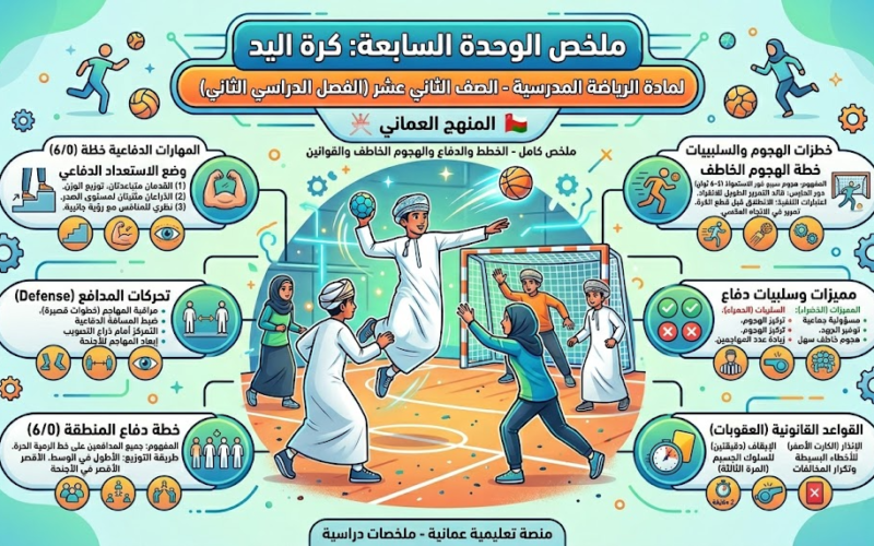 ملخص الوحدة السابعة كرة اليد لمادة الرياضة المدرسية للصف الثاني عشر الفصل الدراسي الثاني المنهج العماني
