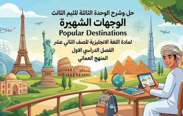 حل وشرح الوحدة الثالثة للثيم الثالث الوجهات الشهيرة Popular Destinations لمادة اللغة الانجليزية للصف الثاني عشر الفصل الدراسي الاول المنهج العماني
