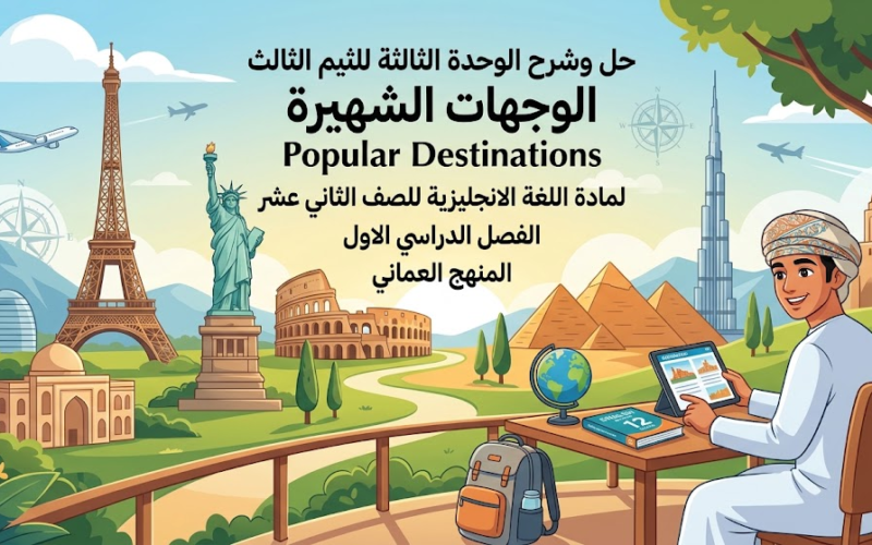 حل وشرح الوحدة الثالثة للثيم الثالث الوجهات الشهيرة Popular Destinations لمادة اللغة الانجليزية للصف الثاني عشر الفصل الدراسي الاول المنهج العماني
