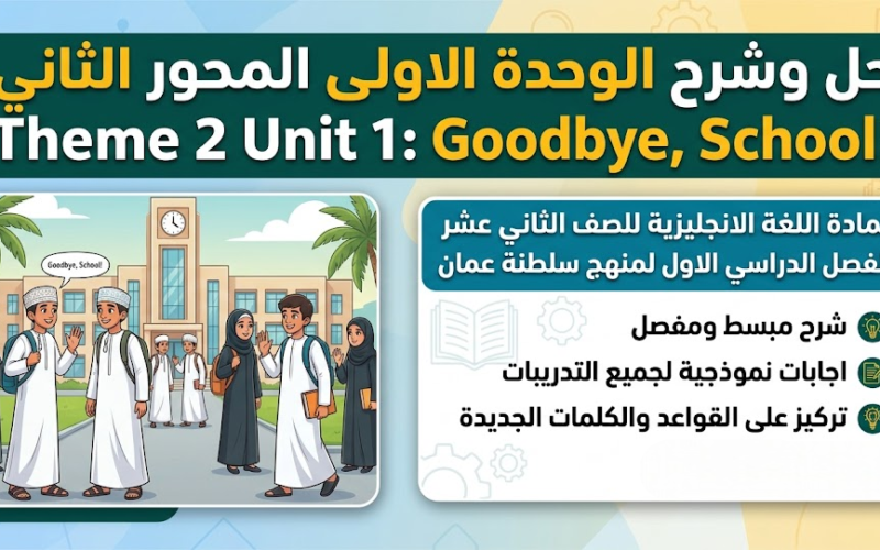 حل وشرح الوحدة الاولى المحور الثاني Theme 2 Unit 1 Goodbye, School! لمادة اللغة الانجليزية للصف الثاني عشر الفصل الدراسي الاول المنهج العماني