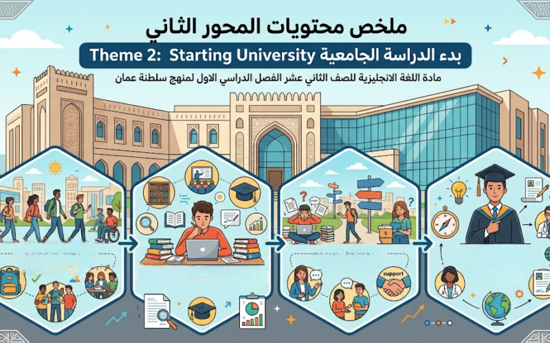 ملخص محتويات المحور الثاني Theme 2: Starting University بدء الدراسة الجامعية لمادة اللغة الانجليزية للصف الثاني عشر الفصل الدراسي الاول