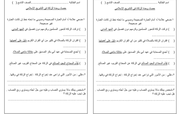 نشاط حصاد وحدة الزكاة في التشريع الاسلامي لمادة التربية الاسلامية للصف التاسع الفصل الدراسي الاول المنهج العماني