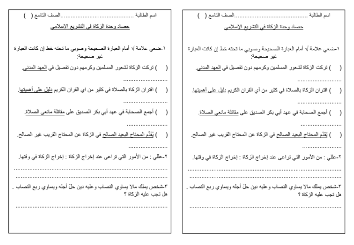 نشاط حصاد وحدة الزكاة في التشريع الاسلامي لمادة التربية الاسلامية للصف التاسع الفصل الدراسي الاول المنهج العماني