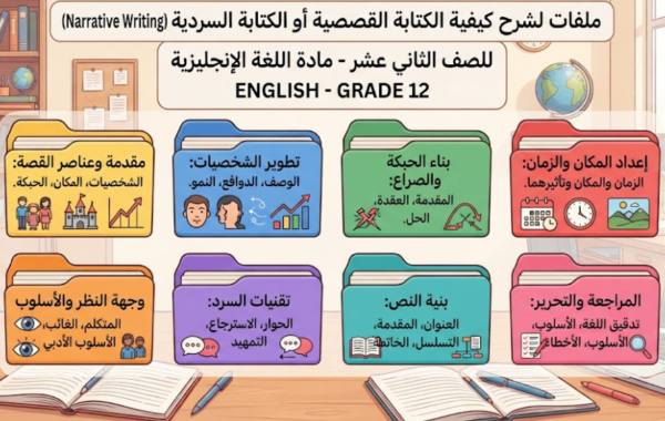 ملفات لشرح كيفية الكتابة القصصية او الكتابة السردية (Narrative Writing) لمادة اللغة الانجليزية للصف الثاني عشر