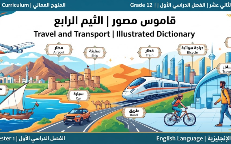 قاموس مصور للثيم الرابع Travel and Transport لمادة اللغة الانجليزية للصف الثاني عشر الفصل الدراسي الاول المنهج العماني