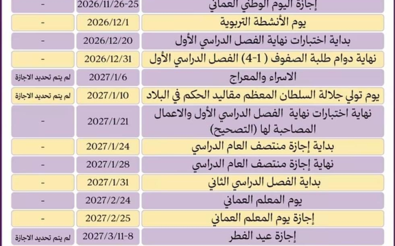 مواعيد الدراسة والإجازات لسلطنة عمان للعام الدراسي 2026-2027