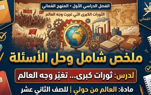 ملخص شامل وحل الاسئلة للدرس: ثورات كبرى… تغير وجه العالم لمادة العالم من حولي للصف الثاني عشر الفصل الدراسي الاول المنهج العماني
