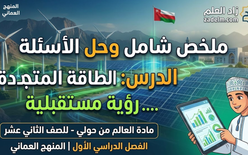 ملخص شامل وحل الاسئلة للدرس: الطاقة المتجددة .... رؤية مستقبلية لمادة العالم من حولي للصف الثاني عشر الفصل الدراسي الاول المنهج العماني