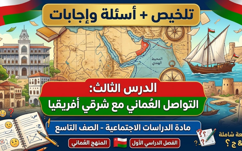 lلخص واسئلة واجابات عن الدرس الثالث من الوحدة الثانية التواصل العماني مع شرقي أفريقيا لمادة الدراسات الاجتماعية للصف التاسع الفصل الدراسي الاول المنهج العماني