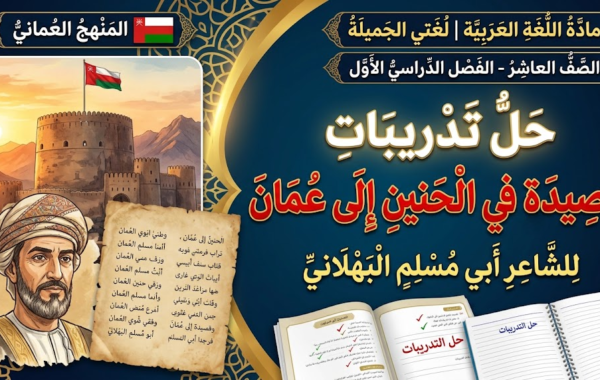 حل تدريبات قصيدة في الحنين إلى عمان لأبي مسلم البهلاني لمادة اللغة العربية لغتي الجميلة للصف العاشر الفصل الدراسي الاول المنهج العماني